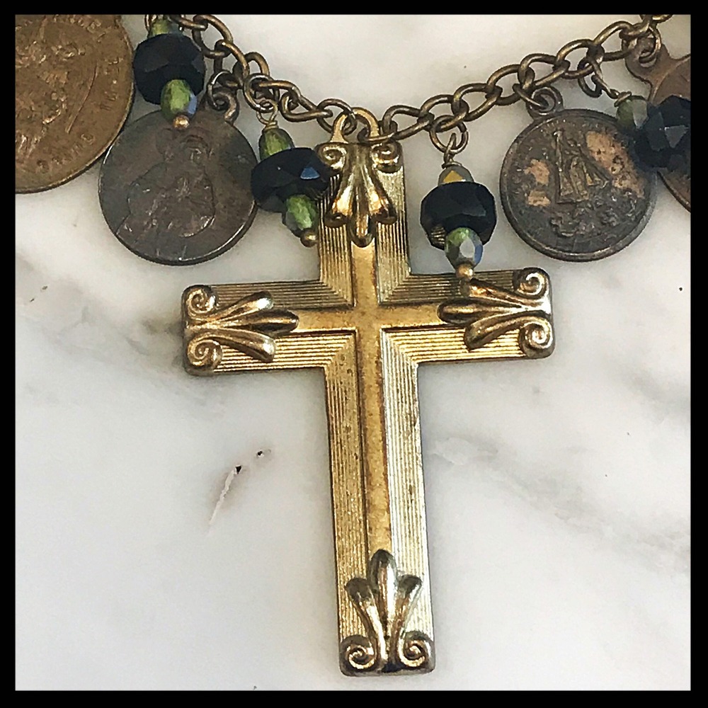 Vintage Religious Medallion & Cross Charm Necklace - Picture 3 of 7